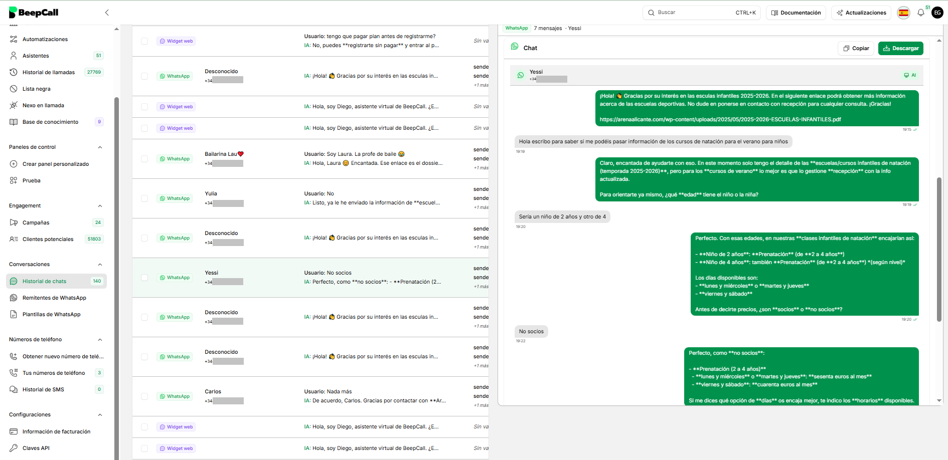 Panel de chat BeepCall con IA gestionando conversaciones de WhatsApp en tiempo real